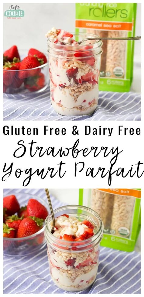 Looking for an easy breakfast idea for busy mornings or an after school snack? Try this allergy friendly Strawberry Yogurt Parfait! It's gluten free, dairy free, and peanut free | #ad thefitcookie.com #glutenfree #dairyfree #allergyfriendly #backtoschool Strawberry Yogurt Parfait, Low Sugar Yogurt, Sugar Free Yogurt, Dairy Free Breastfeeding, Team Snacks, School Lunch Recipes, Parfait Breakfast, Dairy Free Dinner, Dairy Free Breakfasts