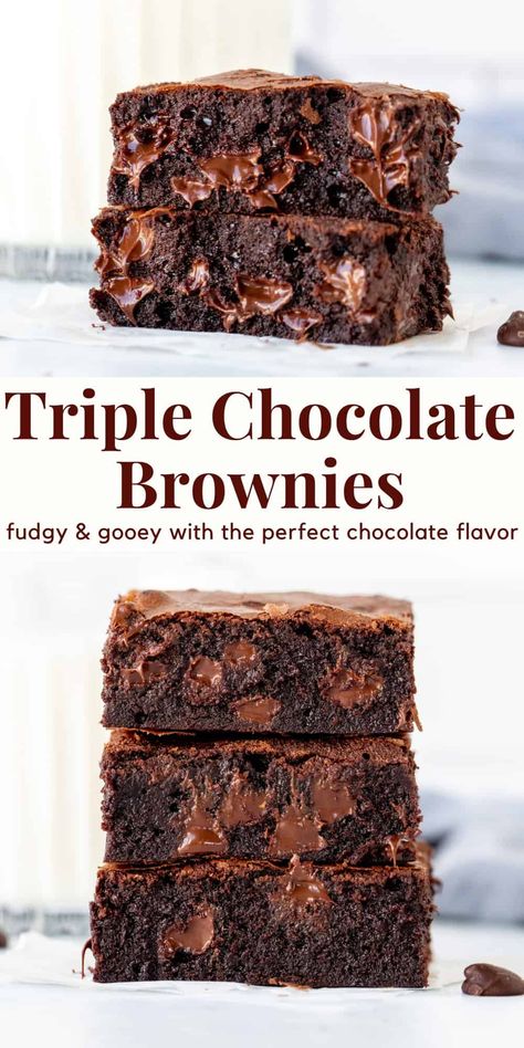 These fudgy brownies are made with 3 types of chocolate to give them a rich and decadent chocolate flavor. They're thick, dense, not the least bit cakey, and taste delicious served plain or with a scoop of vanilla ice cream. If you like brownies that verge on biting into a piece of fudge - these triple chocolate brownies are for you. #brownies #triplechocolatebrownies #gooeybrownies #fudgybrownies from Just So Tasty Double Chocolate Brownies Recipe, Triple Fudge Brownies, Brownies And Blondies Recipes, Thick Fudgy Brownies, Selling Brownies, Double Fudge Brownies, Brownie Recipes Fudgy, Triple Chocolate Brownies, Chocolate Brownies Recipe