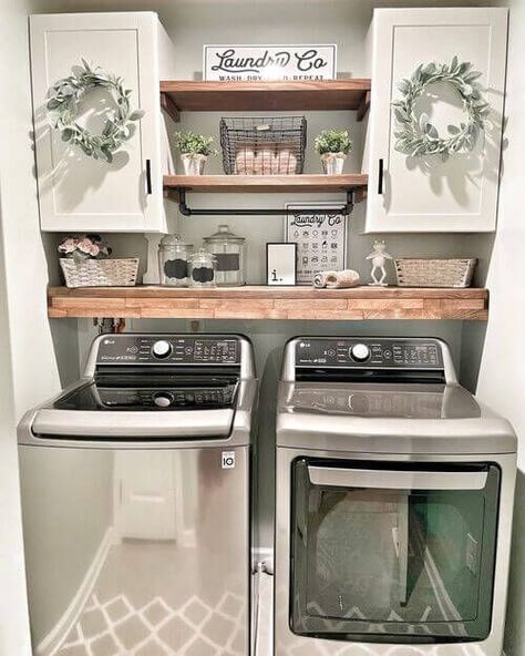 Small Laundry Room White Cabinets, Washer And Dryer Remodel, Rose Gold Washer And Dryer Laundry Room, Wood Shelves In Laundry Room, Dark Washer And Dryer Laundry Room, Laundry Room Ideas Open Shelving, Small Laundry Room With Shelves, Bathroom Ideas With Laundry Room, Manufactured Home Laundry Room Ideas