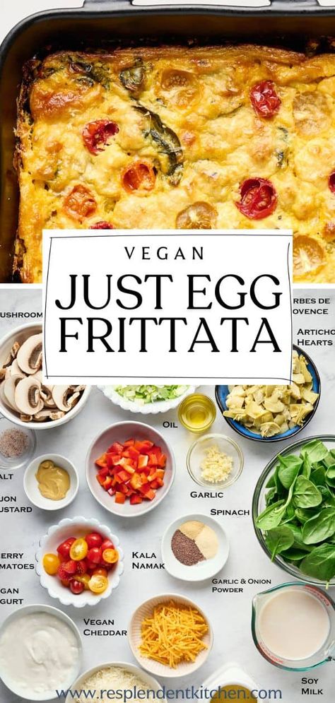 Looking for a showstopper brunch dish? Try this incredibly delicious vegan JUST Egg Frittata packed with spinach, leeks, mushrooms, bell peppers, artichokes, and vegan cheese! It's easy to make and perfect for feeding a crowd. Whether it's a leisurely brunch or a simple dinner, this flavorful frittata will impress everyone with its taste and presentation! Vegan Just Egg Recipes, Vegan Frittata Recipes, Just Egg Frittata, Vegan Quick Breakfast, Just Egg Vegan Recipes, Vegan Quiche Recipes, Brunch Side Dishes, Vegan Brunch Ideas, Vegan Recipes Breakfast