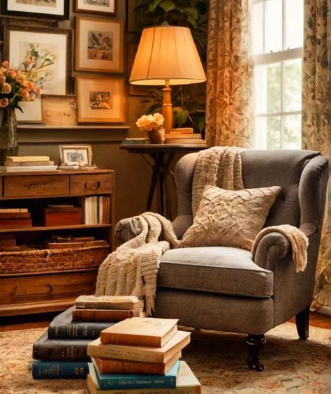 Farmhouse Reading Room Ideas, Quirky Cottage Interiors, Chest In Living Room, Vintage Interior Design Living Room, Cottage Style Office, Den Decorating Ideas, Vintage Farmhouse Living Room, Vintage Living Room Ideas, English Country Decor Living Room