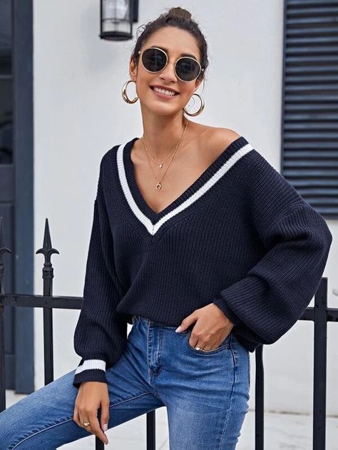 Drop Shoulder Sweater, Latest Sweater, Stripe Outfits, Women Sweaters, Drop Shoulder Sweaters, Shein Style, Spring Summer Outfits, Ball Dresses, Knitwear Women