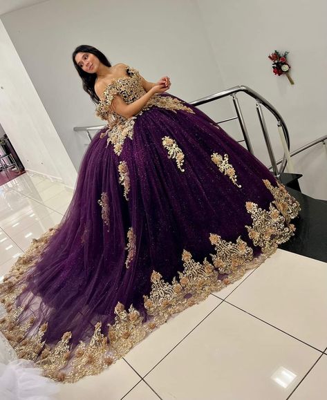 Purple Gold Quinceanera Dress, Gold And Purple Quinceanera Dresses, Dark Purple And Gold Quinceanera Dresses, Quince Dresses Dark Purple, Xv Dresses Purple, Dark Purple Sweet 16 Dresses, Plum Quinceanera Dresses, Quinceanera Dresses Dark Purple, Royal Purple Quinceanera Dresses