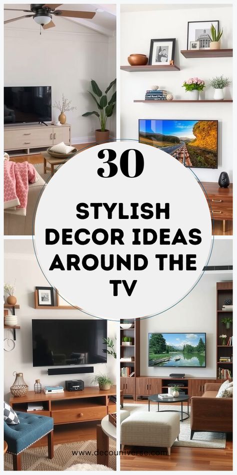 Make your TV wall an inviting space with these decor ideas! Perfect for every aesthetic, these tips add warmth and style to your living room. (Save for later!) Styling Around Tv Stand, Decor Around Tv Console, Wall Art By Tv, Floating Shelves By Tv Living Rooms, Tv Wall Decor With Shelves, Shelves Next To Tv On Wall, How To Style A Tv Unit, Offset Tv In Living Room, How To Decorate Tv Wall In Living Room