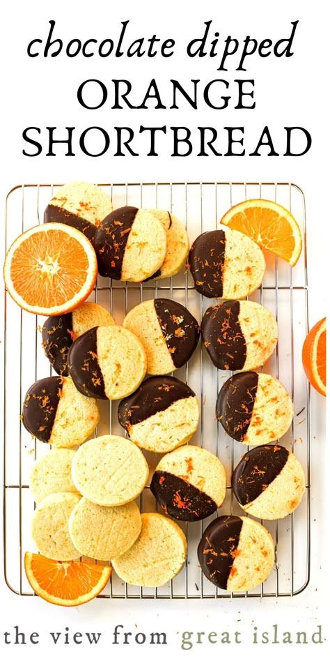 Chocolate dipped orange shortbread cookies are slice and bake citrus-infused cookies dipped in dark chocolate. This classic combination is fabulous! Infused Cookies, Adorable Desserts, Orange Shortbread Cookies, Jul Kaka, Easy Cookie Dough, Orange Shortbread, The View From Great Island, Resepi Biskut, Plain Cookies