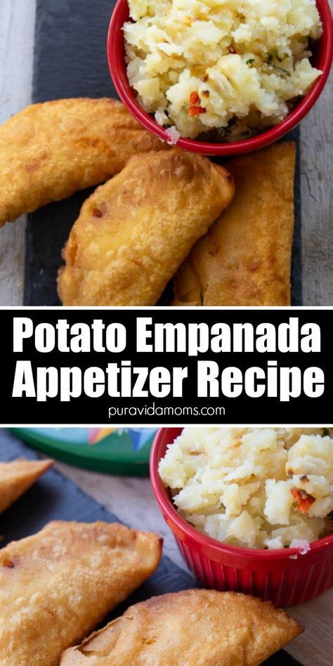 This Costa Rican potato empanada recipe combines freshly mashed potatoes stir-fried in white onion, red bell pepper, cilantro and garlic and then placed inside a freshly made corn dough and fried into a golden half-moon shape. A delightful snack or appetizer. Latin food, central american food, Costa Rican food, fried food Potato Empanadas Recipe, Dessert Empanadas Recipe, Potato Filling Recipe, Columbian Food, Mexican Cuisine Recipes, Empanadas Recipes, Potato Empanadas, American Appetizers, Easy Empanadas Recipe