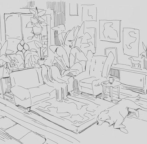 Corner Of Room Drawing, Living Room Drawing Illustration, How To Draw A Room, Room Perspective Drawing, Background Practice, Drawing Furniture, Dream Living Room, Shading Drawing, Room Drawing