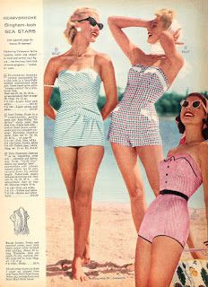 Snapped Garters: 1957 Fashions -- IN COLOUR! Vintage Bathing Suit Patterns, Vestidos Pin Up, Gingham Swimsuit, Sears Catalog, Vintage Bathing Suits, Vintage Swim, Fashion 1950s, Vintage Swimwear, Vintage Swimsuits