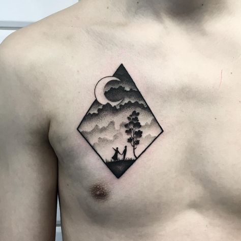 Cloudy landscape tattoo inked on the right side of the chest Chest Mini Tattoo, Chest Minimal Tattoo Men, Minimal Chest Tattoo Men, Minimal Chest Tattoo, Fancy Tattoo, Eagle Chest Tattoo, Cloudy Landscape, Tattoo Side, Cloud Landscape