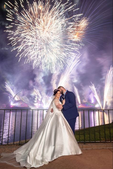 Candace and Jeremiah chose to do a two-hour celebration during EPCOT's fireworks show instead of a full reception, which saved them money on entertainment for their guests. When their original venue became unavailable, they were upgraded to Mexico Vista! Epcot Fireworks, Wedding Fireworks, Saved Money, Disney Fine Art, Disney Fairy Tale Weddings, Cinderella Wedding, Disney Photography, Fireworks Show, Disney Wedding