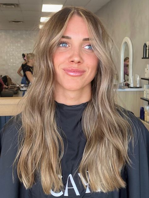 Brown Hair With Bits Of Blonde, Brown Hair With A Balayage, Medium Length Brown Hair With Blonde Money Piece, Brown Blonde Fall Hair, Blonde Hair Going Darker, Fall Hair Inspo Color, Dark Blonde Root Melt, Solid Dark Blonde Hair, Level 6 Blonde