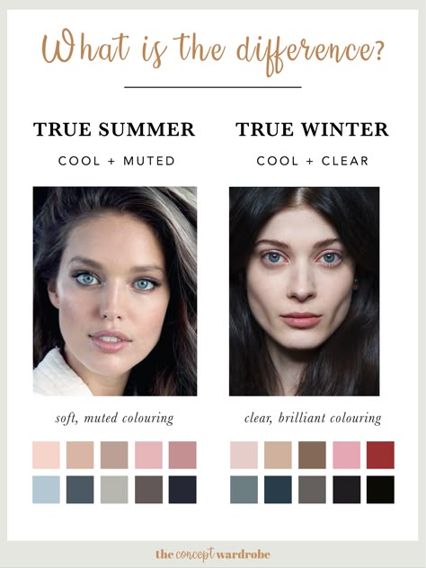 the concept wardrobe | True Summers can sometimes be mistaken for Winters. Both are 'cool', but while True Winter is dark and contrasting, True Summer is lighter and softer. The contrast in True Summer's features is not as striking as the True Winter’s. Instead of black, there is more grey mixed into the True Summer colouring – making the natural appearance soft and muted. The colours of True Winter, are more intense and more contrasted with lots of black and black-blue pigments. Seasonal Colour Analysis, The Concept Wardrobe, True Winter Color Palette, Winter Skin Tone, Color Analysis Summer, Summer Skin Tone, Concept Wardrobe, Soft Summer Color Palette, Dark Summer