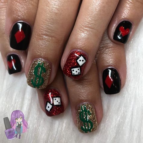 Vegas Gel Nails, Nail Ideas For Vegas, Las Vegas Nails Ideas Short, Nail Designs For Vegas, Short Vegas Nails, Simple Vegas Nails, Casino Nails Designs 777, Jackpot Nails, Vegas Nails Design