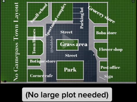 Bloxburg Town Layout Without School, Town Lay Out Bloxburg, Bloxburg Town Layout For Small Plot, Small Plot City Layout Bloxburg, Bloxburg Town Layout With Apartment, Bloxburg City Ideas Small Plot, Small Bloxburg City Layout, Bloxburg Hotel Layout Cheap, Plot Ideas Bloxburg