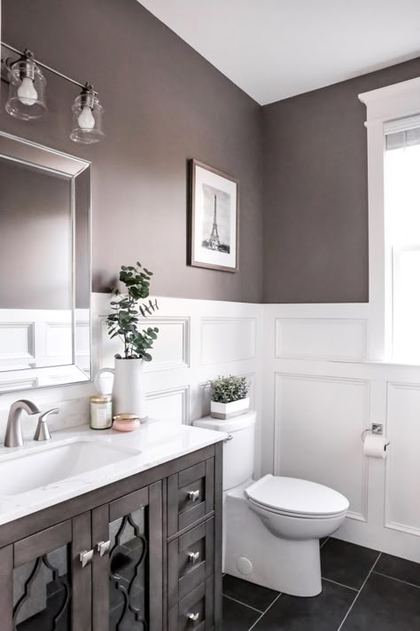 Potty Room Decor, Powder Room Wainscoting Modern, Arhaus Bathroom, Bathrooms Modern, Powder Room Remodel, Half Bathroom Decor, Half Bathrooms, Powder Room Decor, Wallpaper Inspiration