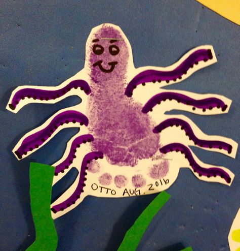 Footprint Octopus Letter O Footprint Craft, Octopus Footprint Craft, Octopus Footprint Art, Under The Sea Crafts For Infants, Footprint Sea Creatures, Seahorse Footprint Art, Octopus Craft For Toddlers, Octopus Activities For Toddlers, Baby Footprint Crafts