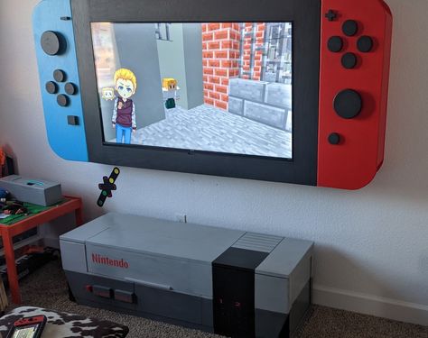 Nintendo Switch Entertainment Center, Nintendo Switch Shelves, Nintendo Tv Frame, Switch Tv Frame Diy, Switch Tv Frame, Nintendo Switch Tv Frame, Nintendo Bedroom, Gaming Themed Bedroom, Diy Nintendo