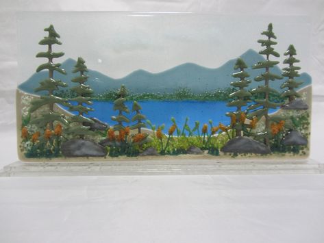 Fused Glass River, Fused Glass Art Mountains, Fused Glass Scenes, Fused Glass Mountain Scene, Fused Glass Mountains, Fused Glass Landscapes, Glass Mosaic Diy, Fused Plates, Frit Painting