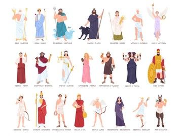 Print - Collection of Olympic gods and goddesses from Greek and Roman mythology, mythological creatures. Male and female cartoon characters isolated on white background. Flat colorful vector illustration. | k57236615| Fotosearch Greek Character, Imperiul Roman, Goddess Names, Roman Names, Greek Mythology Gods, Greek Mythology Tattoos, Roman Gods, Female Cartoon Characters, Mythology Tattoos