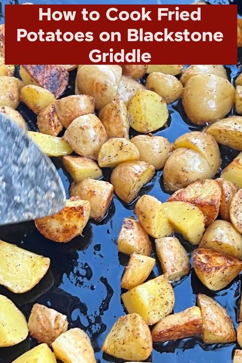 Learn how to make potatoes on the Blackstone griddle in minutes with this simple Blackstone potatoes recipe. Everyone loves this easy side dish, and you can cook it along with your favorite protein! via @meamel Fried Potatoes Blackstone, Home Fries On Blackstone Griddle, Diced Potatoes On Blackstone, Fried Potatoes On The Blackstone, Cooking Potatoes On Blackstone Griddle, Potatoes On Flat Top Grill, Blackstone Griddle Potato Recipes, Flat Top Potatoes, Potatoes Blackstone Griddle