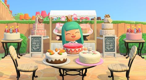 Built a cake shop from cakes donated by friends! Animal Crossing Outdoor Bakery, Acnh Cake Shop Designs, Cake Shop Animal Crossing, Acnh Cake Shop, Acnh Cake Stall Design, Animal Crossing Cake Shop, Animal Crossing Bakery, Bakery Custom Design Animal Crossing, Acnh Bakery