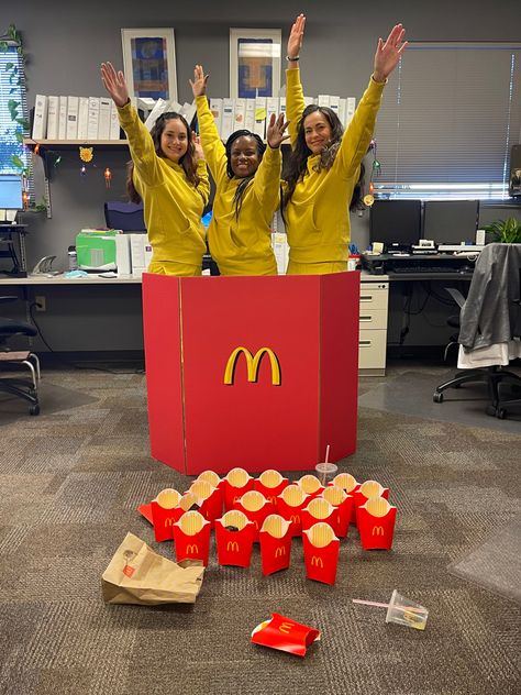 DIY Halloween Costume Mcdonald’s French Fry Costume, French Fry Halloween Costume, French Fry Party Decorations, Mcdonalds Trunk Or Treat Ideas, Mcdonald’s Halloween Costumes, Mcdonald’s Trunk Or Treat, Mcdonald’s Costume, Mcdonalds Costume, French Fries Costume