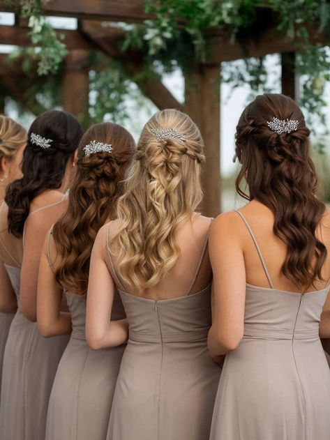 Looking for the perfect bridesmaid hairstyles? Discover elegant half-up hairstyles that blend style and comfort, from soft curls to braided details, perfect for all hair lengths and wedding themes. Half-up hairstyles, bridesmaid hair ideas, elegant wedding hairstyles. Up Hairstyles For Bridesmaids, Hair Ideas Elegant, Hairstyles For Bridesmaids, Down Bridesmaid Hair, Half Up Half Down Bridesmaid, Elegant Wedding Hairstyles, Half Up Hairstyles, Wedding Hairstyles Bridesmaid, Rainbow Hair Color