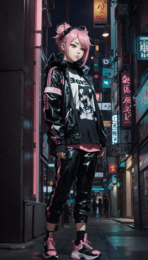 A girl with light pink hair, dressed in techwear clothing, mostly black but with white and pink details. She's wearing techwear sneakers in Tokyo and striking an aesthetic pose. Cyberpunk Outfit Women Neon, Neon Cyberpunk Aesthetic Outfit, Neon Cyberpunk Outfit, Pink Cyberpunk Outfit, Cyberpunk Fashion Neon, Pink Techwear, Cyberpunk Aesthetic Fashion, Cyberpunk Outfit Women, Techwear Art