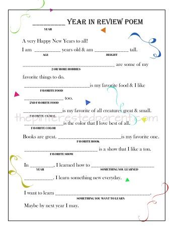 Printable Year In Review Fill-in Poem - fillable questionaire poem for kids for New years New Year Resolution Essay, Poem For Kids, Kids New Years Eve, Review Essay, Fine Motor Activities For Kids, New Years Activities, New Year's Crafts, Writing Journal, Good Year