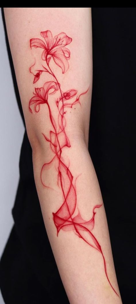 Red Spider Lily Tattoo Sleeve, Upper Collar Bone Tattoos For Women, Feminine Tattoo Sleeves Color, Red Marigold Tattoo, Cherry Blossom Hand Tattoos For Women, Red Flower Tattoos For Women, Green And Red Tattoo, Flower Fire Tattoo, Black And Red Line Tattoo