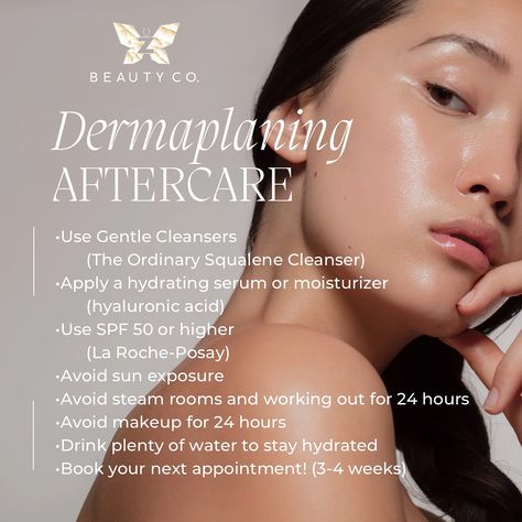 ✨AFTERCARE✨ After dermaplaning, your skin will be sensitive and vulnerable for up to a week. Here are some tips for taking care of your skin after dermaplaning: ✨Cleanse: Use a gentle, non-foaming cleanser to remove any residue. Avoid harsh cleansers and washcloths. ✨Moisturize: Apply a hydrating moisturizer with ingredients like hyaluronic acid, glycerin, or aloe vera. ✨Protect from the sun: Apply a broad-spectrum SPF 30 or higher every day, even indoors. Wear a wide-brimmed hat and... Dermaplaning After Care, Derma Planning, Dermaplaning At Home, Foaming Cleanser, Hydrating Moisturizer, Brimmed Hat, Hydrating Serum, Gentle Cleanser, La Roche Posay