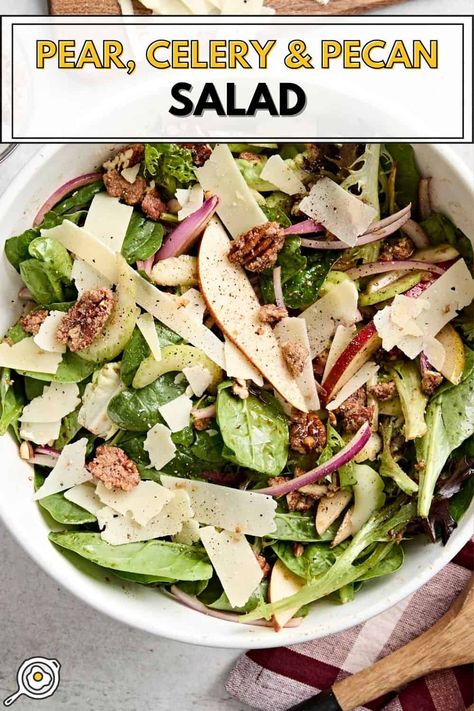 overhead photo of Pear, Celery and Pecan Salad in a white serving bowl with recipe title block at the top. Pecan Salad Recipe, Fall Lunch, Pear Salad Recipes, Leafy Salad, Yummy Salads, Sliced Pears, Pecan Salad, Budget Bytes, Pear Salad