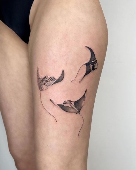 MOUNTAIN AND OCEAN TATTOO • Instagram Fine Line Stingray Tattoo, Manta Ray Line Tattoo, Stingray Rib Tattoo, Manta Ray Fine Line Tattoo, Two Manta Rays Tattoo, Manta Ray Leg Tattoo, Mountain And Ocean Tattoo, Manta Ray Tattoo, Stingray Tattoo