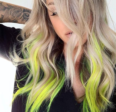 ⚡️NEON BLONDE⚡️ by: @emilyboulinhair #PRAVANA #neonhair Blonde With Neon Highlights, Blonde And Neon Green Hair, Lime Green Hair Streaks, Green Money Piece Hair Blonde, Green Hair Streaks Blonde, Green And Blonde Hair, Fairytale Oc, Neon Yellow Hair, Green Hair Streaks