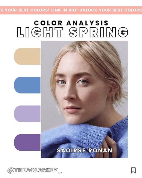 Virtual Color Analysis - the·color·key on Instagram: "👇 Which light spring look is your fav?!   🌷 Saoirse glows in these pics since she’s a light spring — that means she’s flattered by colors that are light, warm, and breezy!  Color analysis gives you tools to embrace your natural features!  🌈 Learn *your* best colors at the link in our bio!  Think: the perfect lipstick shade, a ⋅key⋅ color that makes your eyes pop, and the best hair color to vibe with your complexion!  Sound interesting?  🔑 Follow @thecolorkey_ to learn more about color analysis and learn your season, too!  ⋅ ⋅ ⋅ ⋅ ⋅ ⋅  #coloranalysis #coloranalyst #deepautumn #seasonalcoloranalysis #deepwinter#coolwinter #brightwinter #brightspring #warmspring #lightspring #lightsummer #coolsummer #softsummer #softautumn #warmautumn Color Analysis Light Spring, Light Spring Hair Color, Spring Palette Colors, Soft Spring Palette, Perfect Lipstick Shade, Light Spring Color Palette, The Best Hair Color, Light Spring Colors, Best Hair Color