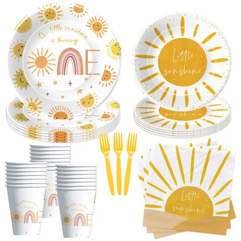 PRICES MAY VARY. 【Sunshine 1st Birthday Decorations】Transform your little one's first birthday celebration into a whimsical wonderland with the "Our Little Sunshine Is Turning One" theme. The bright colors and joyful design will instantly uplift the atmosphere, creating a lively and festive ambiance 【What Will You Get】Our little sunshine is turning one birthday decorations tableware for one-year-old birthday including 24pcs 9'' sunshine dinner plates, 24pcs 7'' sun dessert plates, 24pcs paper na First Trip Around The Sun 1st Birthday, Sunshine Birthday Theme Decor, Sunshine First Birthday Boy, Our Little Sunshine First Birthday, Sun First Birthday Party, Sun Birthday Decorations, Sunshine 1st Birthday, Nature Birthday, Sunshine First Birthday