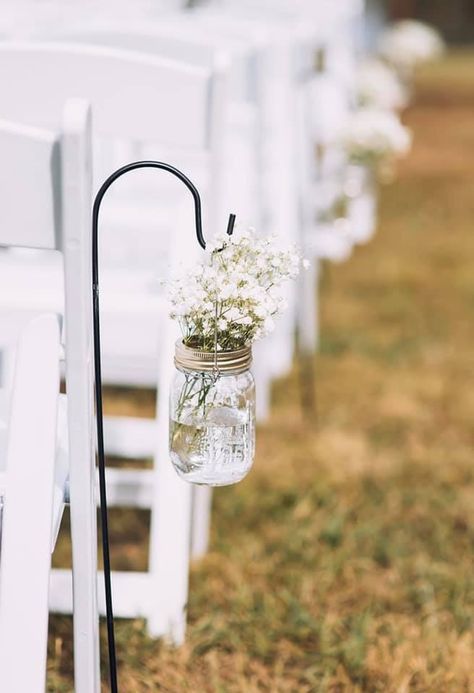 Wedding Aisle Decorations Outdoor Walkways Shepherds Hook, Wedding Aisle Hook Decorations, Hanging Mason Jars Wedding Aisle Decorations, Wedding Isles Decoration Shepards Hook, Mason Jar Shepherd Hook Wedding, Simple Isle Wedding Decor, Wedding Aisle Shepherd Hooks, September Wedding Aisle Decor, Shepards Hook Wedding Aisle