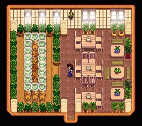 Stardew Valley Cafe Shed, Stardew Valley Coffee Shop, Shed Layout Stardew Valley, Stardew Shed Layout, Stardew Valley Shed Ideas, Stardew Valley Shed Layout, Stardew Design, Stardew Layout, Stardew Ideas