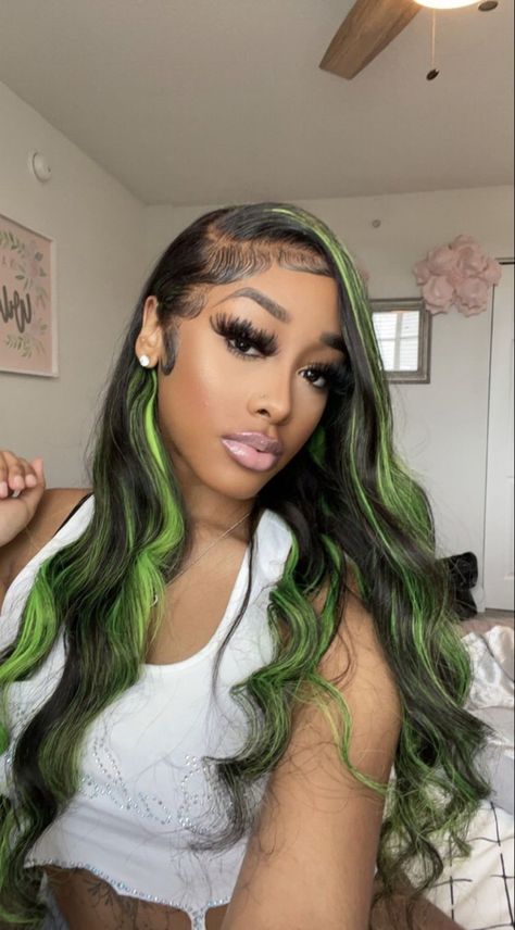 Lace Front Wigs With Colored Highlights, Two Streaks In Front Of Hair, Green And Black Wigs Black Women, Lacefronts For Black Women, Green Sew In, Black And Green Hair Black Women, Green Streaks In Hair, Green Highlights In Black Hair, Shego Hair