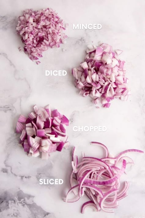 This tutorial on how to cut an onion will improve your knife skills! We'll teach you how to dice, chop, slice, and mince easily without tears. Cut An Onion, Culinary Basics, Culinary Lessons, How To Cut Onions, Knife Skills, Culinary Cooking, Culinary Techniques, Food Infographic, Food Charts