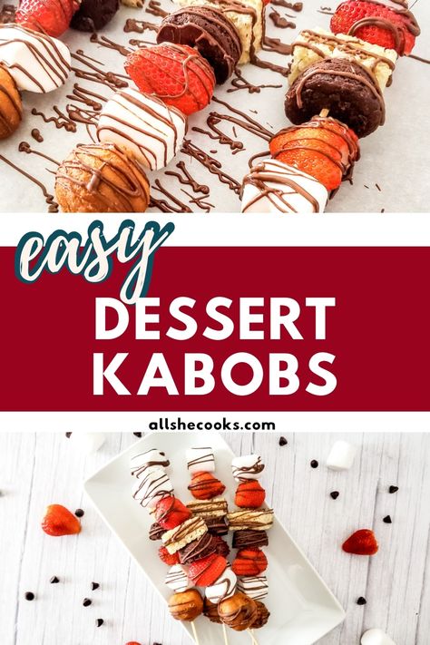 Dessert kabobs is a dessert on a stick that’s so quick and easy to throw together. These dessert skewers are perfect for your summer cookouts, parties, or family gatherings. Desert Kabobs Sticks, Brownie Skewers Dessert Kabobs, Smores Kabobs, Desert Skewers Ideas, Desert On A Stick, Skewer Desserts, Fruit Kebabs Ideas Skewers, Charcuterie Kabobs, Sweet Skewers