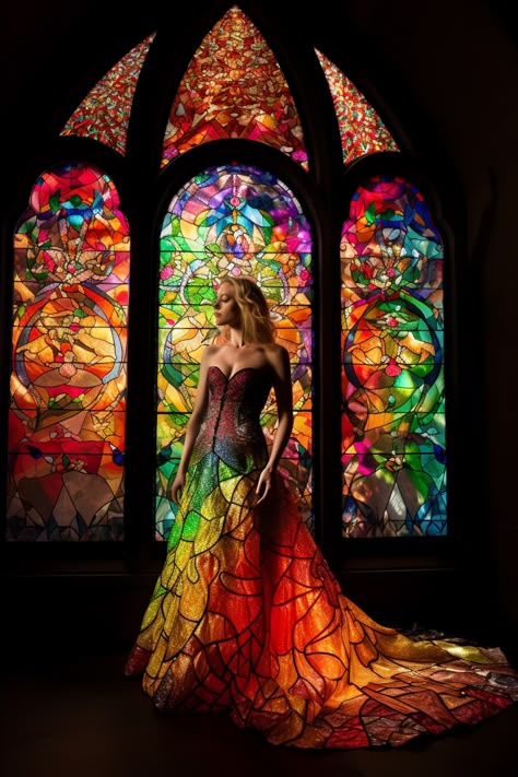 Stained glass dress created with AI by Amanda Church Stained Glass Gown, Stain Glass Dress, Stained Glass Clothes, Stained Glass Outfit, Fairytale Editorial, Stained Glass Fashion, Gothic Stained Glass Windows, Gothic Moodboard, Stained Glass Dress