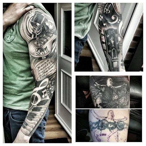 Full music sleeve done by me finally complete #jayhutton #tattoofixers Music Tattoo Designs Sleeve, Tattoo Designs Sleeve, Music Sleeve, Tattoo Fixers, Piano Tattoo, Many Tattoos, Music Tattoo Sleeves, Boys With Tattoos, Guitar Tattoo