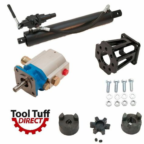 5" Diameter Cylinder, High Pressure Line, 16 GPM Log Splitter Pump, Mount, Auto-Return Detent Valve and Coupler Kit w/Bolts/Fittings From Tool Tuff Direct - Your Source for Log Splitter Parts Since 2012!   Build your own log splitter setup with this convenient kit!  Bolt this to your engine, and run some suction/discharge hoses and you're in business!   Picture shows valve connected to cylinder - it is shipped separate, just screw in the included fittings with some thread tape and you'll be gold Author Outfits, Hydraulic Log Splitter, Go Kart Frame Plans, Kindling Splitter, Yard Tractors, Outdoor Firewood Rack, Wood Splitter, Log Splitter, Logging Equipment