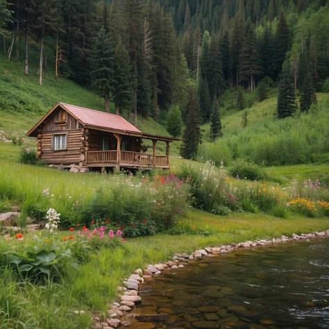 Log Cabin Landscape, Cabin By A River, Cottage Core Mountains, Cabin By The River, Cabin In A Field, Cabin Near River, Wooden Cabin In Forest, Unique Landscaping, Tiny Log Cabins