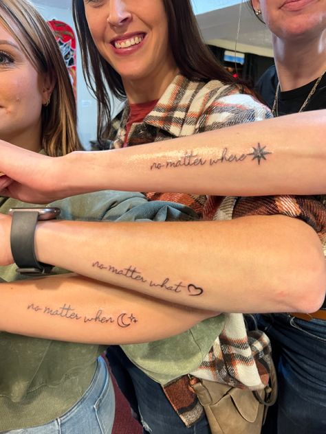 Sister Tattoos For 2 Quotes, Godsister Matching Tattoos, Best Friend Tribe Tattoos, Matching Tattoos For 3 Siblings, Three People Matching Tattoos, Best Friend Word Tattoos, Sister Tattoos For 2 Meaningful Quotes, Matching Tattoos For Soul Sisters, Triangle Best Friend Tattoo