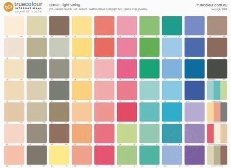 Compared to Bright Spring these colours are the same temperature — neutral-warm — but are softer and lighter. Light Springs can wear both gold and silver. Rose gold is also wonderful Beautiful stones for Light Spring jewellery include cream and pink pearls, mother of pearl, coral, turquoise, amazonite, opal, chrysoprase, jade Light Spring Palette, Light Spring Color Palette, Zyla Colors, Light Spring Colors, Spring Tones, Classic Poster, Spring Palette, Spring Color Palette, Personal Color