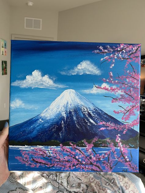 #painting #art #canvas #mountain #fuji #cherryblossom Easy Landscape Paintings, Fall Canvas Painting, Japan Painting, Large Canvas Painting, Small Canvas Paintings, Easy Canvas Painting, Canvas Painting Designs, Landscape Art Painting, Simple Acrylic Paintings