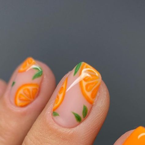 Orange Slice Nail Art, Orange Fruit Nail Designs, Lemon Themed Nails, Food Inspired Nails, Lime Fruit Nails, Nails With Oranges Fruit, Fruit Slice Nails, Orange Blossom Nails, Clementine Nails