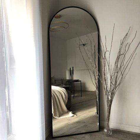 aesthetic black arched full-length mirror. #mirror #fashion #aesthetic #bedroom #design #minimalist #beige Black Floor Mirror, Black Arch Mirror, Curved Mirror, Long Mirror, Room Ideas Aesthetic, Living Room Mirrors, Bedroom Mirror, Metal Mirror, Room Makeover Inspiration